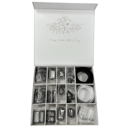 Emmaline Bags Hardware Starter Kit open box in antique brass finish - all hardware pieces arranged in compartments