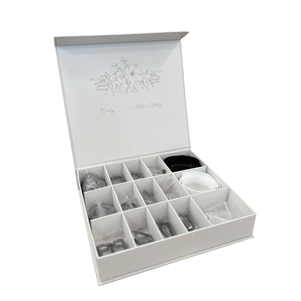 Emmaline Bags Premium Hardware Starter Kit open presentation box showing grid compartment layout on white background