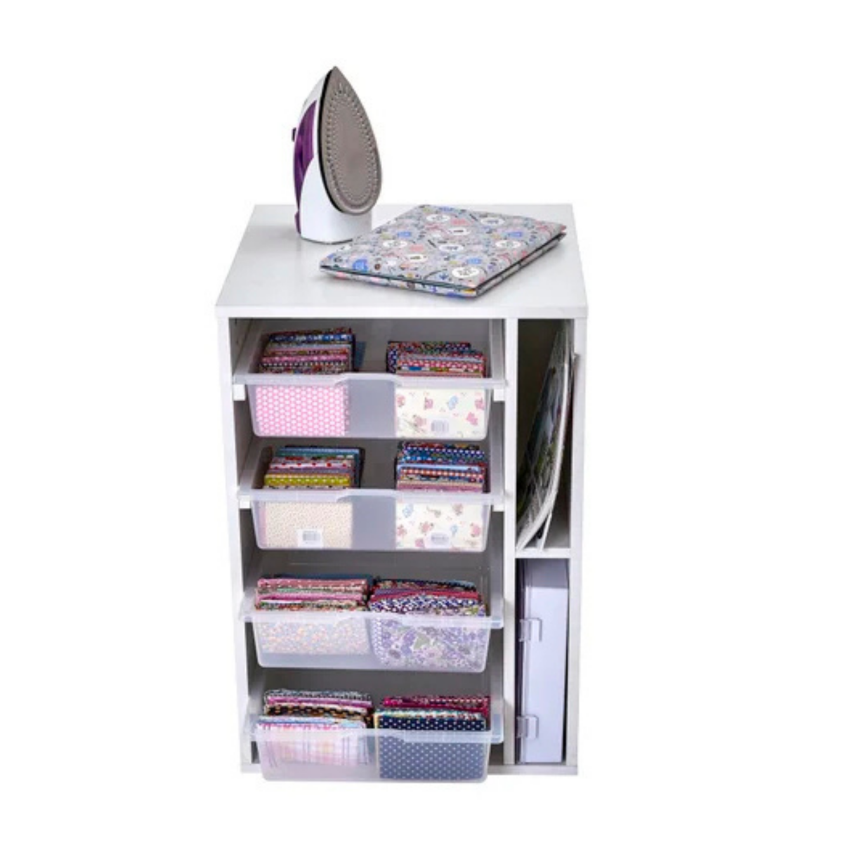 Drawers with colourful fabrics stored and iron