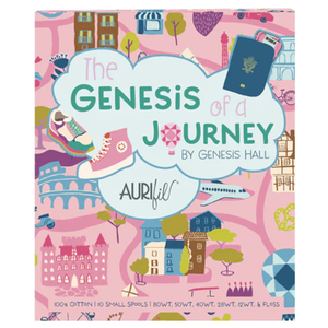 Book cover of 'The Genesis of a Journey' by Genesis Hall with colorful illustrations and Auri Fil branding.