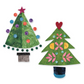 Two green fabric Christmas trees made with the AccuQuilt GO! Tinsel die by Sue Spargo, decorated with colourful circles, petals, a star and a heart.
