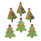 Six green appliqué Christmas trees made with the AccuQuilt GO! Tinsel die by Sue Spargo, with colourful circles, floral details and red star or heart toppers.
