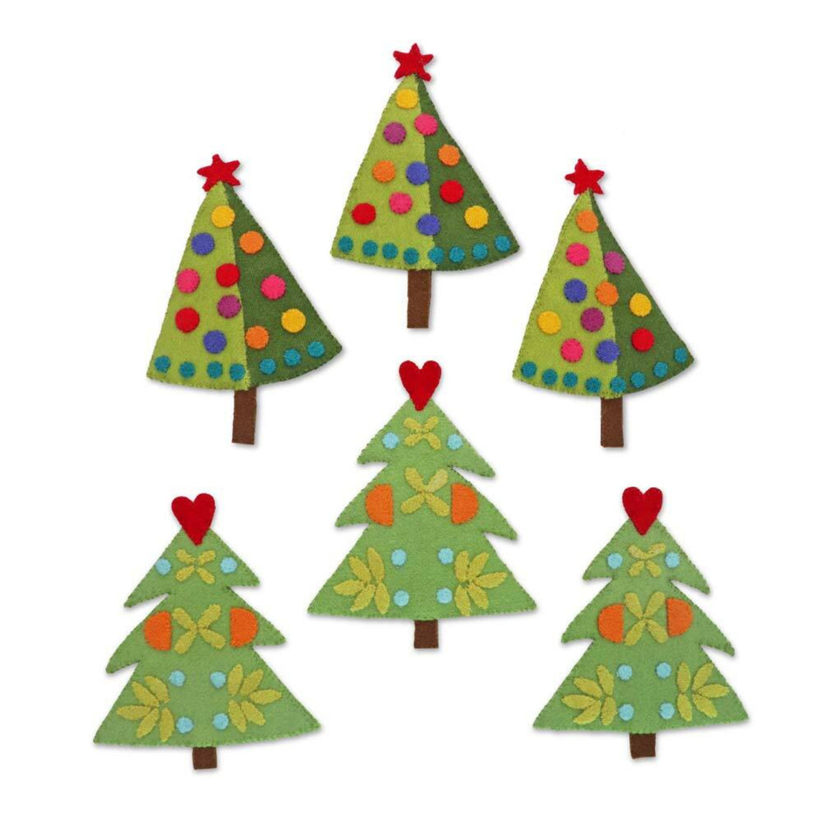 Six green appliqué Christmas trees made with the AccuQuilt GO! Tinsel die by Sue Spargo, with colourful circles, floral details and red star or heart toppers.
