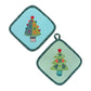 Two pastel potholders with dark green binding and decorated Christmas tree appliqués made with the AccuQuilt GO! Tinsel die by Sue Spargo.
