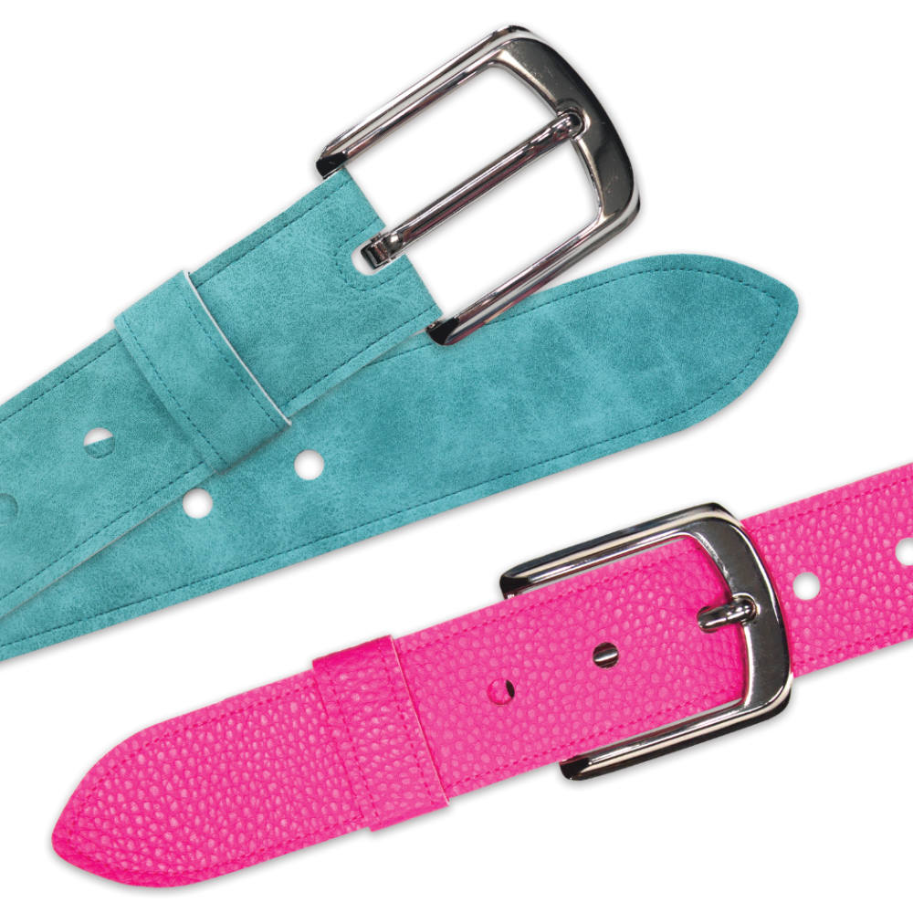 Two handmade fabric belts created with the AccuQuilt GO! Belt Die — teal suede belt with silver buckle and punch holes, and hot pink textured fabric belt with silver buckle, showing finished seam detail
