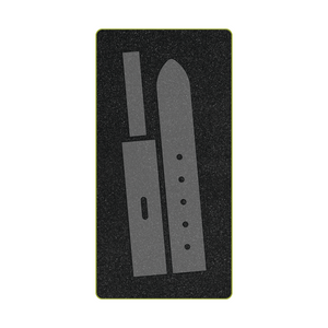 AccuQuilt GO! Belt 1½" Fabric Cutting Die set showing three die shapes on foam mat — pointed belt end, belt keeper loop, and belt body with buckle slot and five punch holes