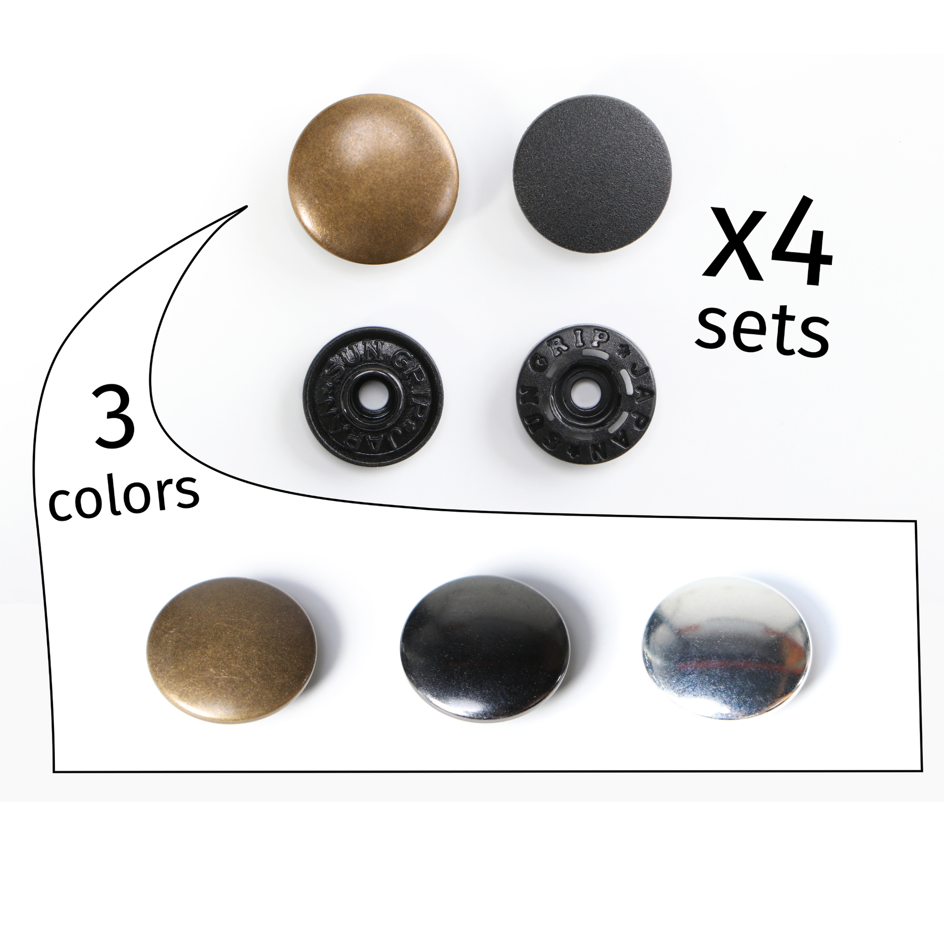 ByAnnie Tool Free Snaps - All three ByAnnie Tool-Free Snap finishes side by side - Silver Nickel, Gunmetal and Antique Brass