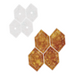 AccuQuilt GO! English Paper Piecing Honeycomb die showing paper templates and gold batik fabric cut pieces with seam allowance