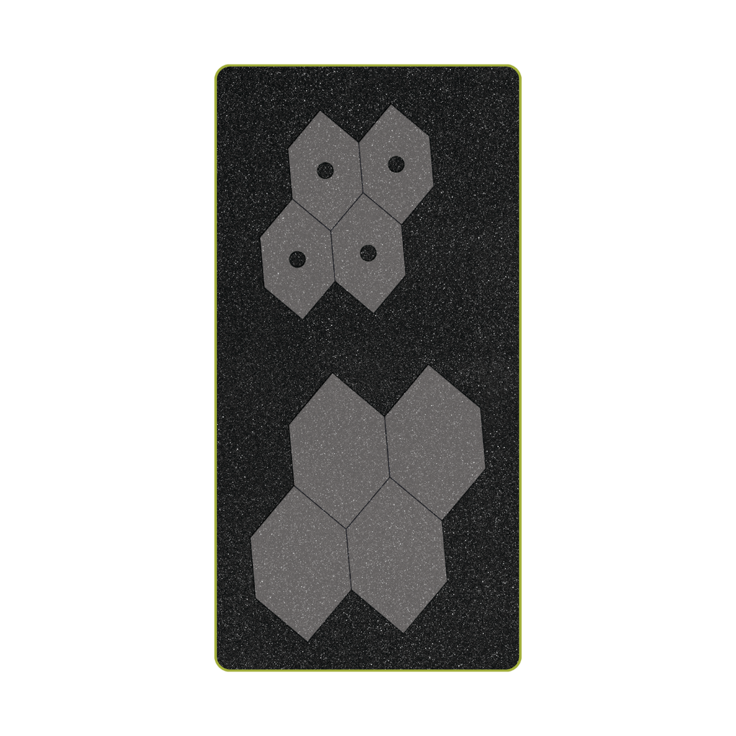 AccuQuilt GO! English Paper Piecing Honeycomb die board showing small and large honeycomb cutting shapes on black foam mat with lime green border