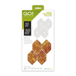 AccuQuilt GO! English Paper Piecing Honeycomb fabric cut pieces showing paper templates alongside gold batik fabric shapes with dashed seam lines on AccuQuilt Go packaging