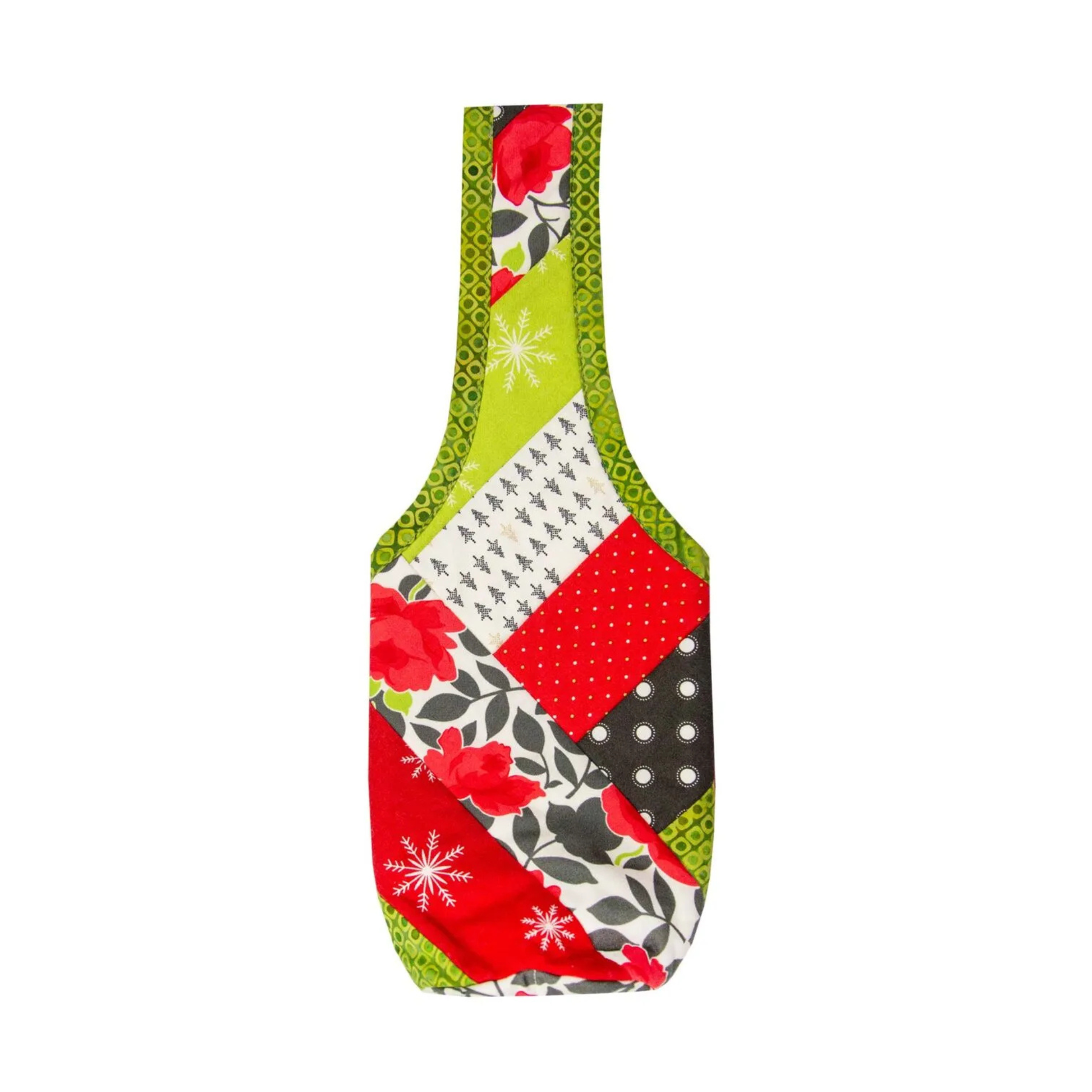 Completed quilted wine tote made with June Tailor Quilt-As-You-Go kit in patterned fabric