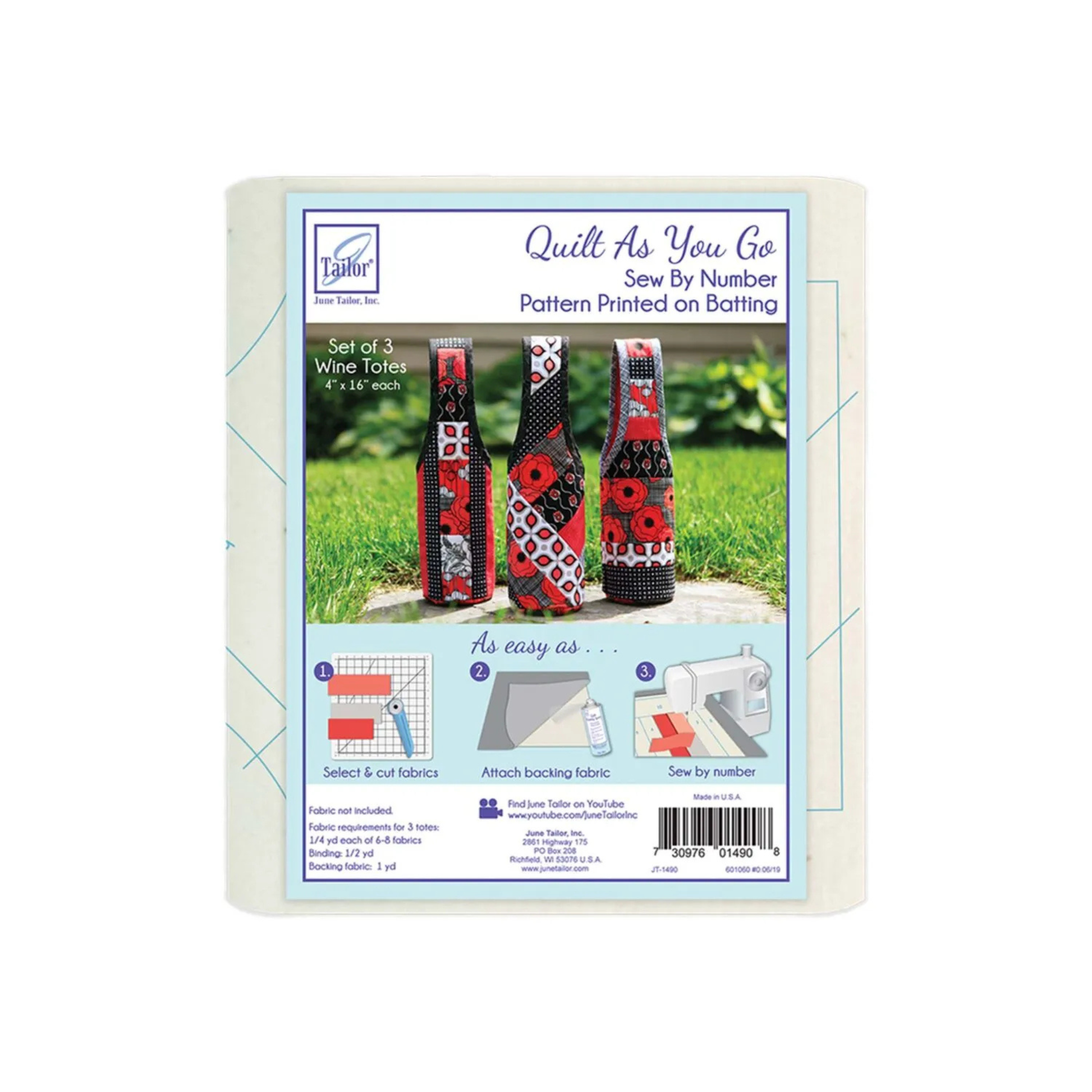 June Tailor Wine Tote Quilt-As-You-Go kit  front, showing fabric placement and preview construction steps