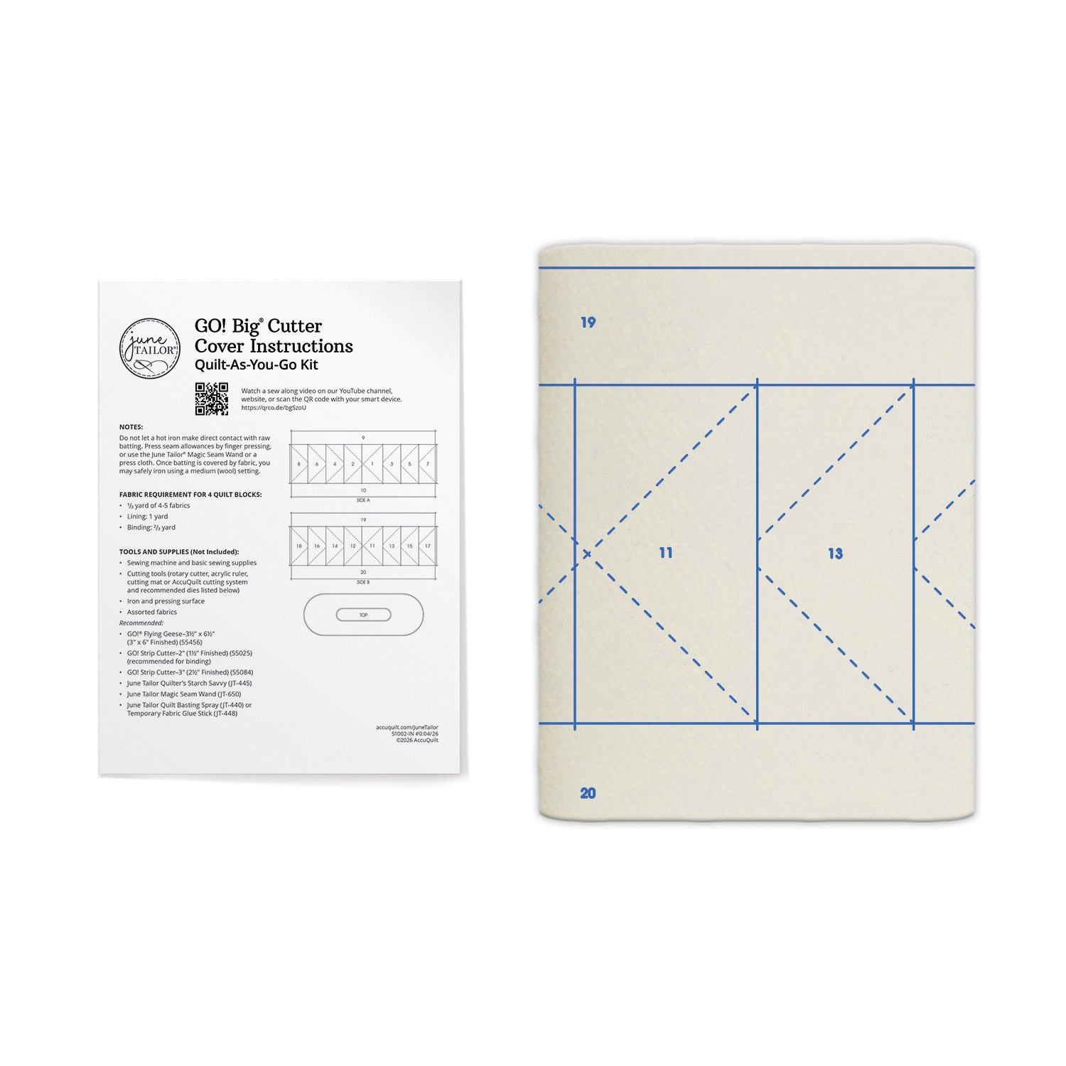 June Tailor GO! Big Cutter Cover QAYG kit contents showing printed batting and instructions