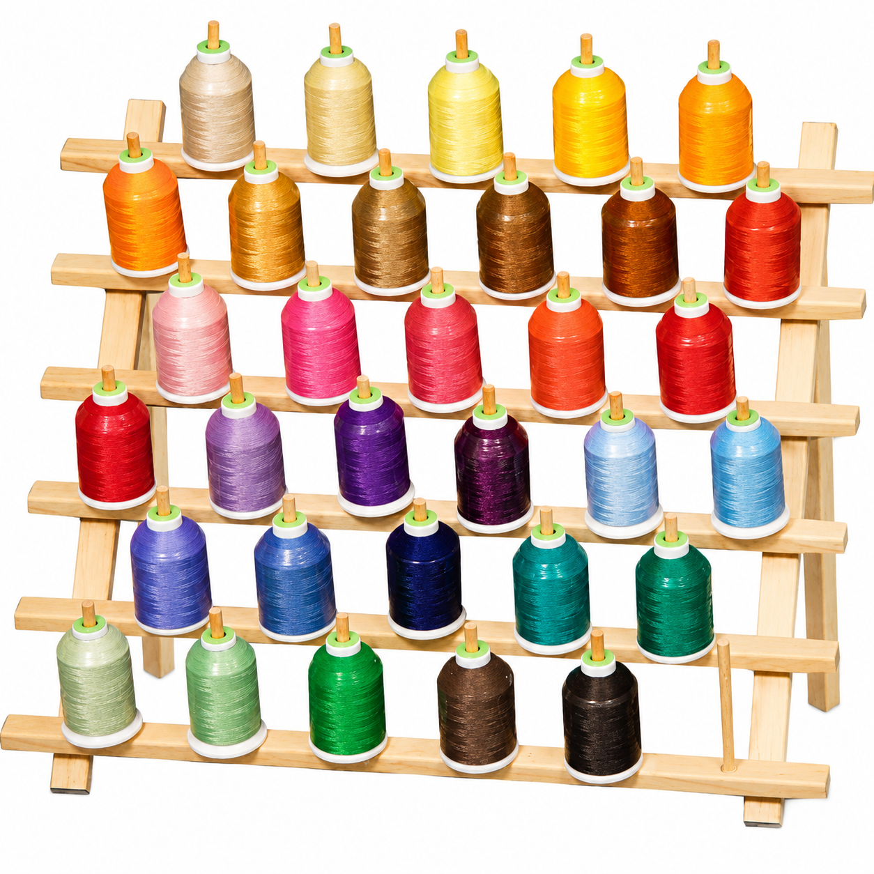 June Tailor solid wood cone thread rack with 33 spindles, shown upright with cone threads loaded