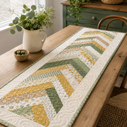 It's Sew Emma Braids on a Roll - chevron braid table runner in yellow, sage and white on a dining table