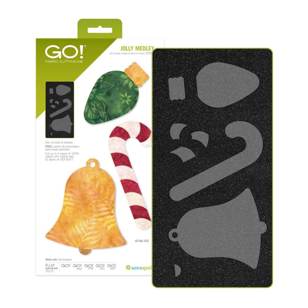 AccuQuilt GO! Jolly Medley fabric cutting die packaging and die board, SKU 55959, showing appliqué shapes for a Christmas light bulb, candy cane and bell in festive fabrics