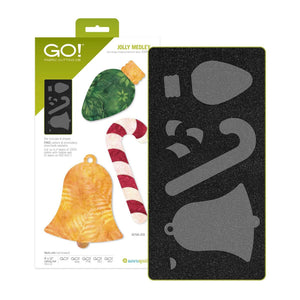 AccuQuilt GO! Jolly Medley fabric cutting die packaging and die board, SKU 55959, showing appliqué shapes for a Christmas light bulb, candy cane and bell in festive fabrics