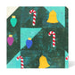 Festive quilt block in teal and dark green batik fabrics with AccuQuilt GO! Jolly Medley appliqué shapes including yellow bells, red and white candy canes, and colourful Christmas light bulbs in teal, purple and blue
