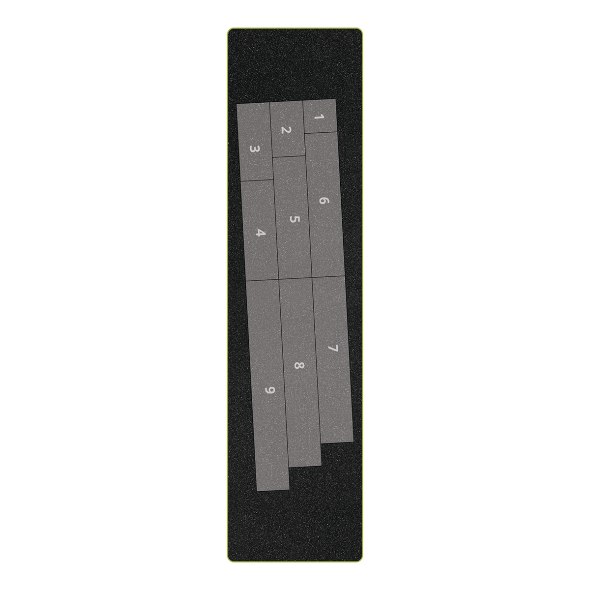 AccuQuilt GO! Log Cabin die foam showing nine numbered cutting shapes arranged in three columns on a long black die board.