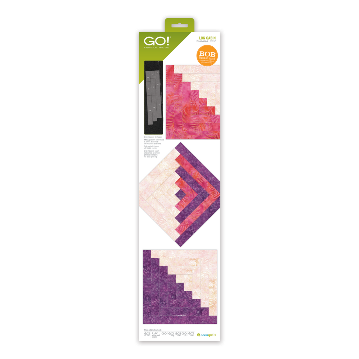 AccuQuilt GO! Log Cabin 9-inch finished block die packaging, showing the die and pink, cream and purple Log Cabin quilt designs.