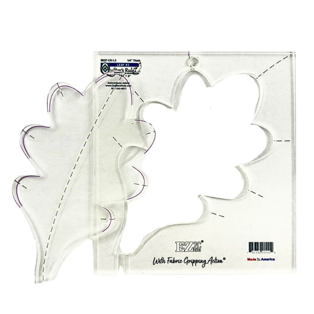 Clear plastic oak leaf shaped quilting template with registration marks that are easy to see. A non slip backing provides a fabric gripping action.