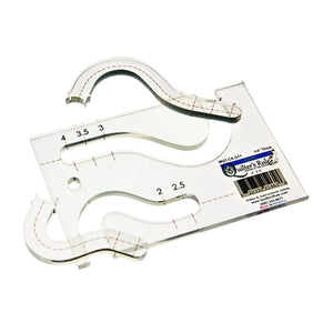 Clear plastic rectangular template with two curved cutouts to create elegant swirl patterns in 2 or 4 inch blocks. It has clear registration marks that are easy to see and a non slip backing that gives it a fabric gripping action.