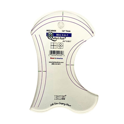 Clear, plastic 4-in-1 quilting tool with two concave curves, one convex curve and one wave curve. It has registration marks that are easy to see. A non slip backing gives it fabric gripping action.