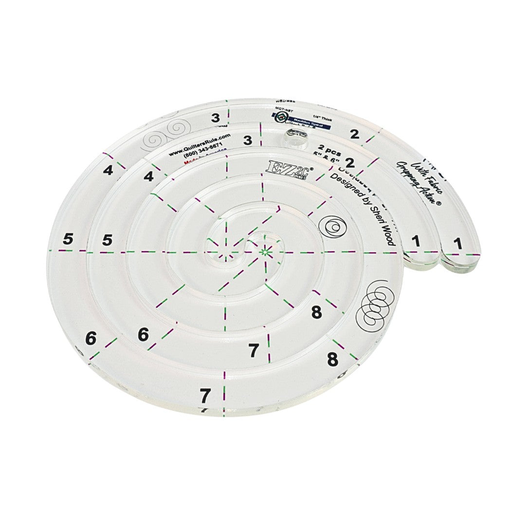 Clear, plastic, spiral shaped quilting template with clearly visible registration marks. Two different sizes in one tool; 5 inches and 6 inches. A non-slip backing gives it fabric gripping action.