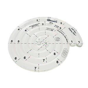 Clear, plastic, spiral shaped quilting template with clearly visible registration marks. Two different sizes in one tool; 5 inches and 6 inches. A non-slip backing gives it fabric gripping action.