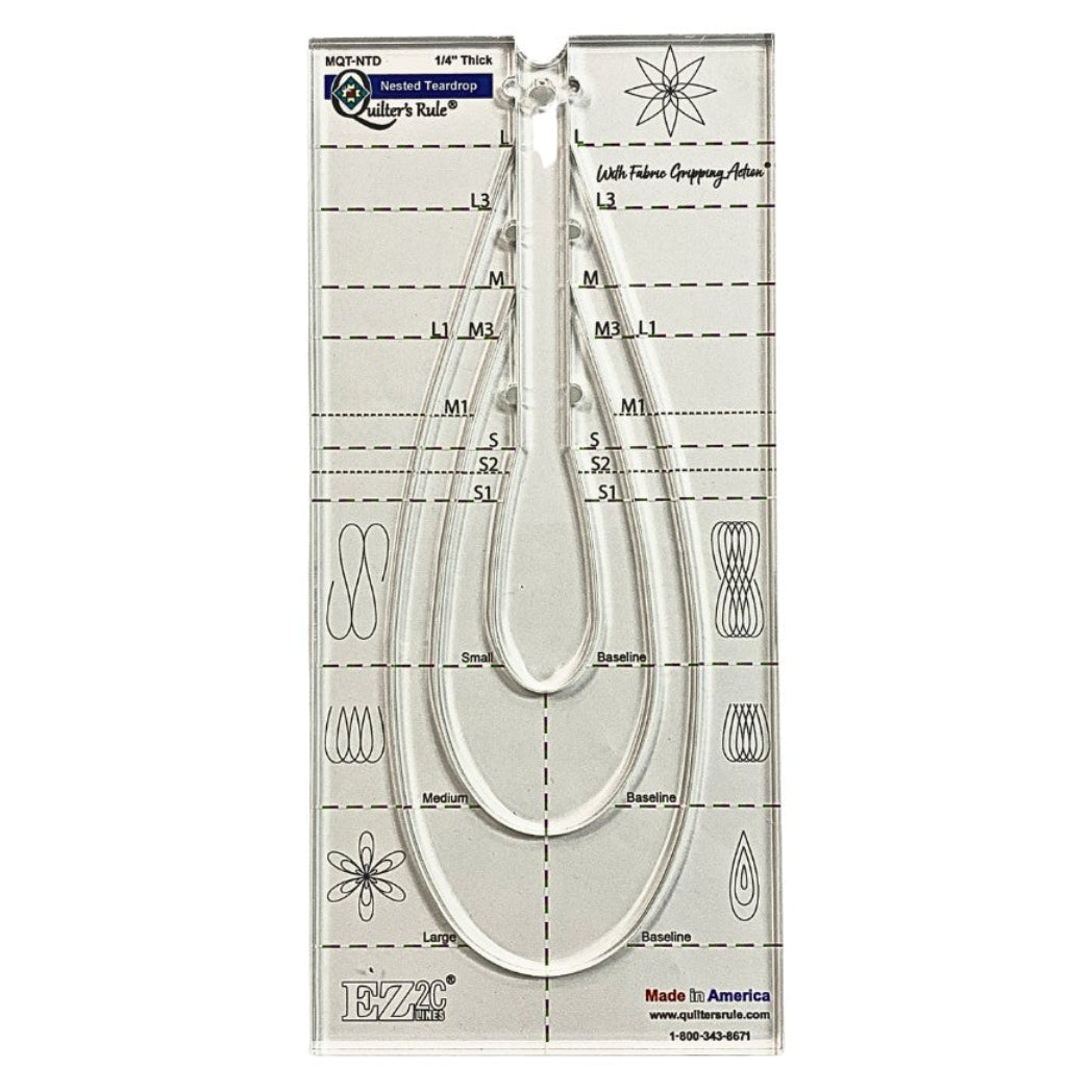 Clear plastic rectangular shaped quilting template with 3 separate teardrop shaped stencils, of large, medium and small size. It has clear registration marks that are easy to see and a non slip backing that provides a fabric gripping action.