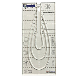 Clear plastic rectangular shaped quilting template with 3 separate teardrop shaped stencils, of large, medium and small size. It has clear registration marks that are easy to see and a non slip backing that provides a fabric gripping action.