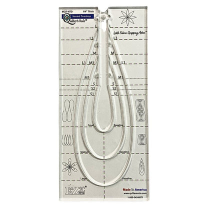 Clear plastic rectangular shaped quilting template with 3 separate teardrop shaped stencils, of large, medium and small size. It has clear registration marks that are easy to see and a non slip backing that provides a fabric gripping action.