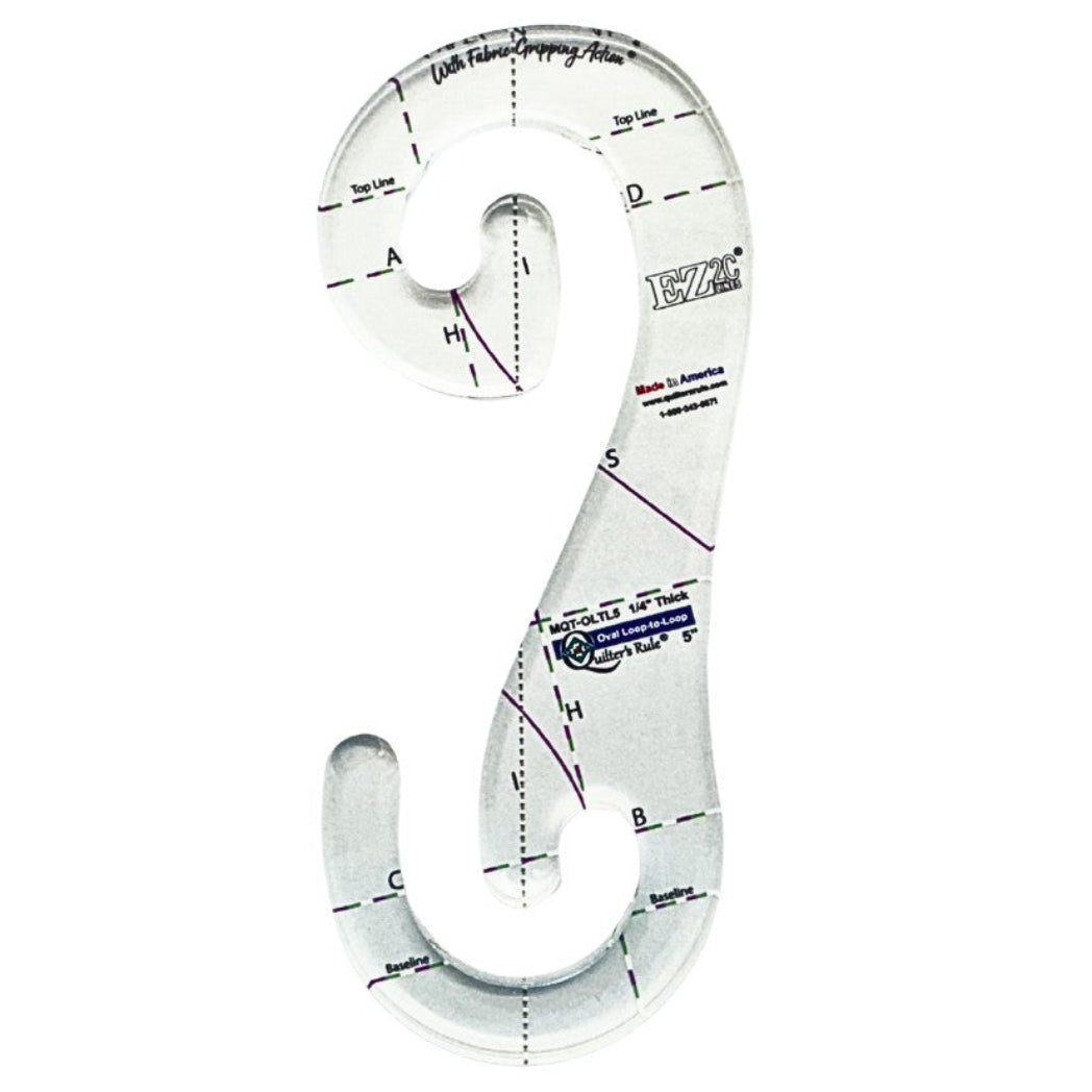 Clear plastic double loop shaped quilting template with clear registration marks that are easy to see, and a non slip backing that provides a fabric gripping action. Available as 5 or 6 inches.