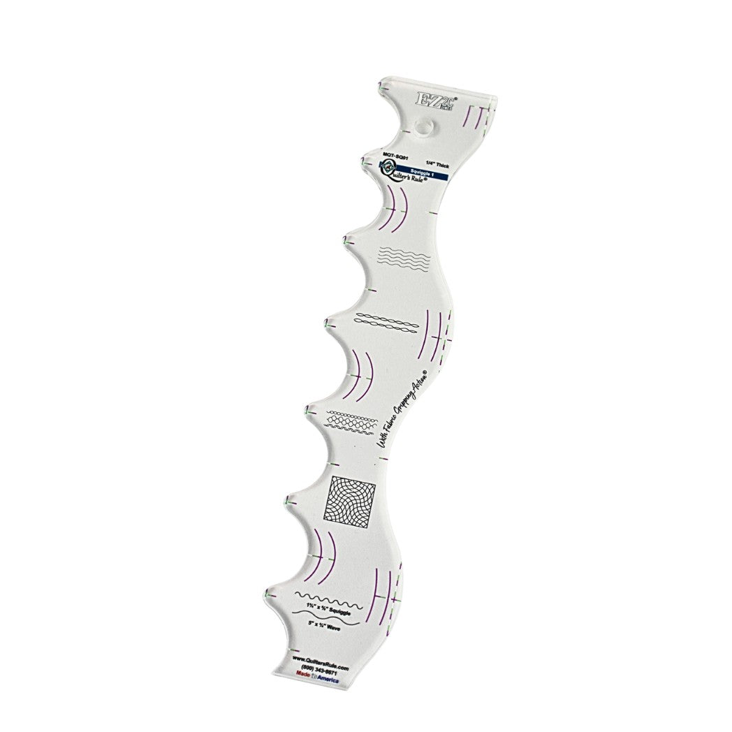 Clear plastic squiggle shaped quilting template with registration marks that are easy to see. Two even waves. The soft wave is 5 inches wide by 3/4 inch deep. The deep wave is 1 3/4 inch wide by 5/8 inch deep. A non slip backing gives it a fabric gripping action.