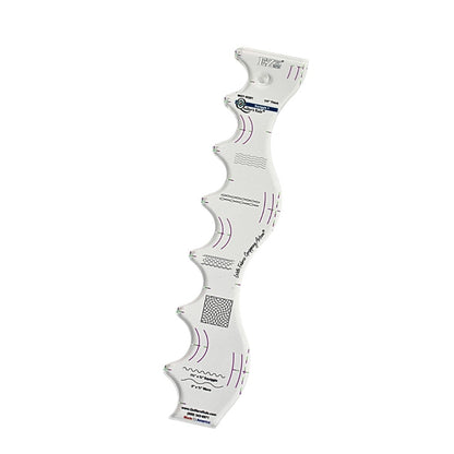 Clear plastic squiggle shaped quilting template with registration marks that are easy to see. Two even waves. The soft wave is 5 inches wide by 3/4 inch deep. The deep wave is 1 3/4 inch wide by 5/8 inch deep. A non slip backing gives it a fabric gripping action.