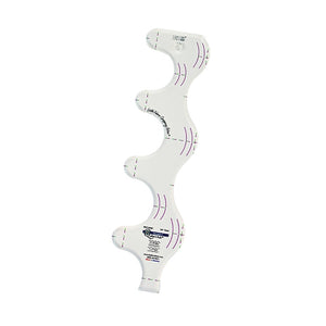 Clear plastic squiggle shaped quilting template with registration marks that are easy to see. Two even waves. The soft wave is 4 inches wide by 3/4 inch deep. The deep wave is 3 inches wide by 1 1/2 inches deep. A non slip backing gives it a fabric gripping action.