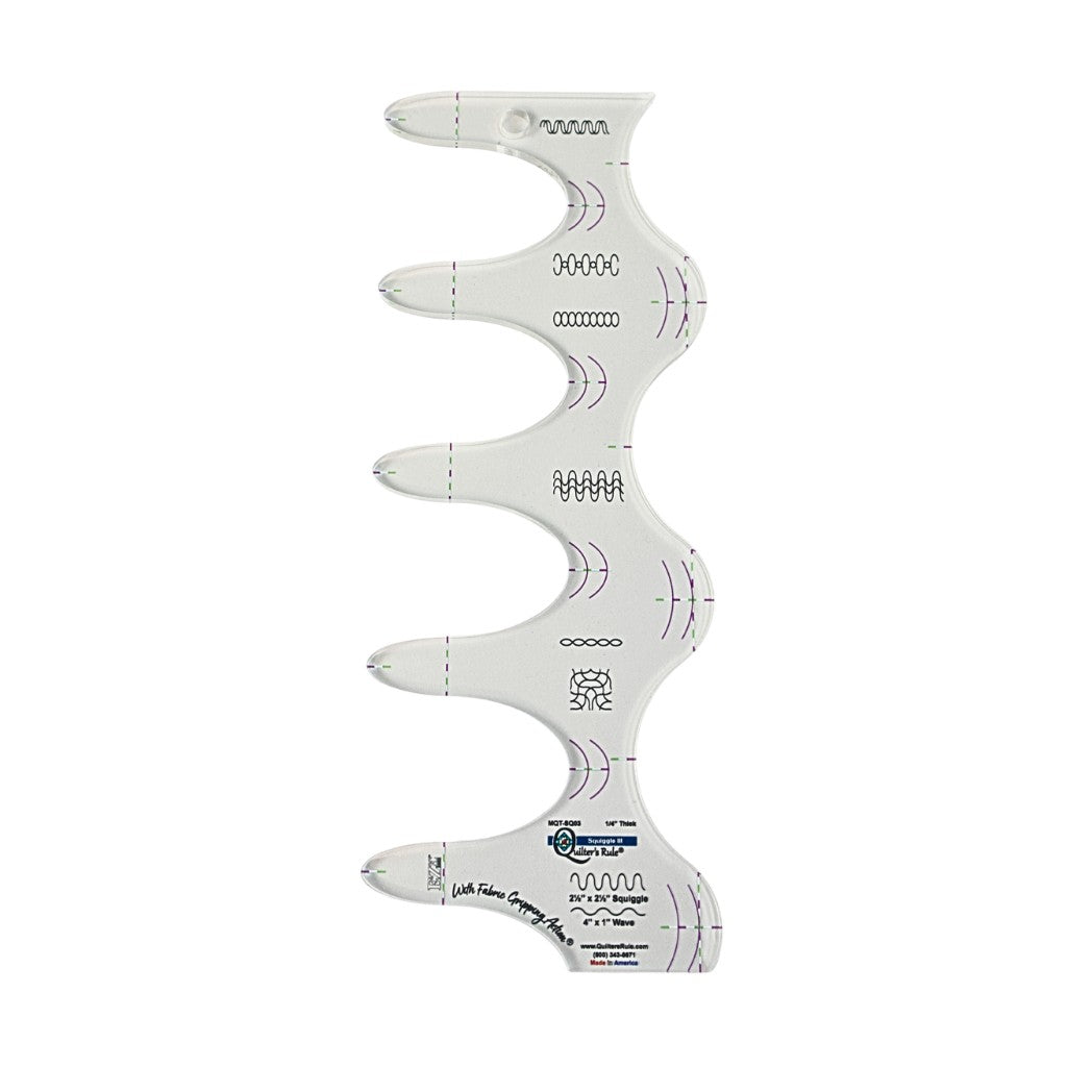 Clear plastic wavy squiggle quilting template with registration marks that are easy to see. The soft wave is 4 by 1 inches, and the deep wave is 2.5 by 2.5 inches. A non slip backing gives it a fabric gripping action.