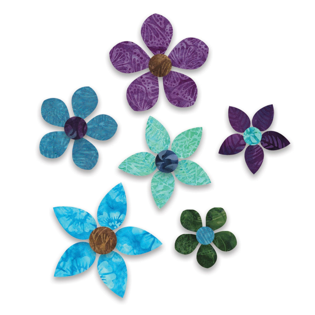 Six fabric flowers made with AccuQuilt GO! Garden Variety #2 shapes, showing purple, blue and green petals in three sizes with contrasting circular centres.