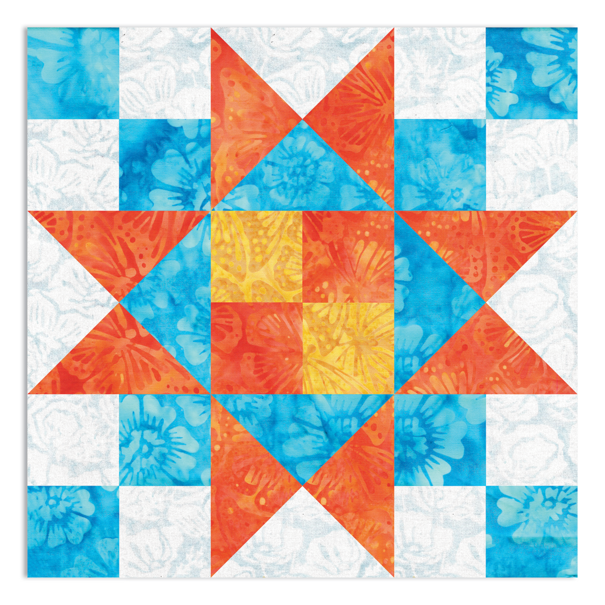AccuQuilt GO! Nine Patch Shape Set sample quilt block with an orange and yellow four-patch centre, turquoise and orange triangles, and turquoise and white corner squares.