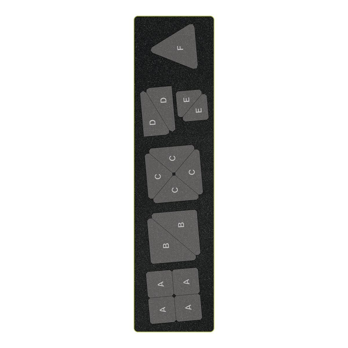 AccuQuilt GO! Nine Patch Shape Set die with grey square and triangle cutting shapes labelled A to F on black foam.