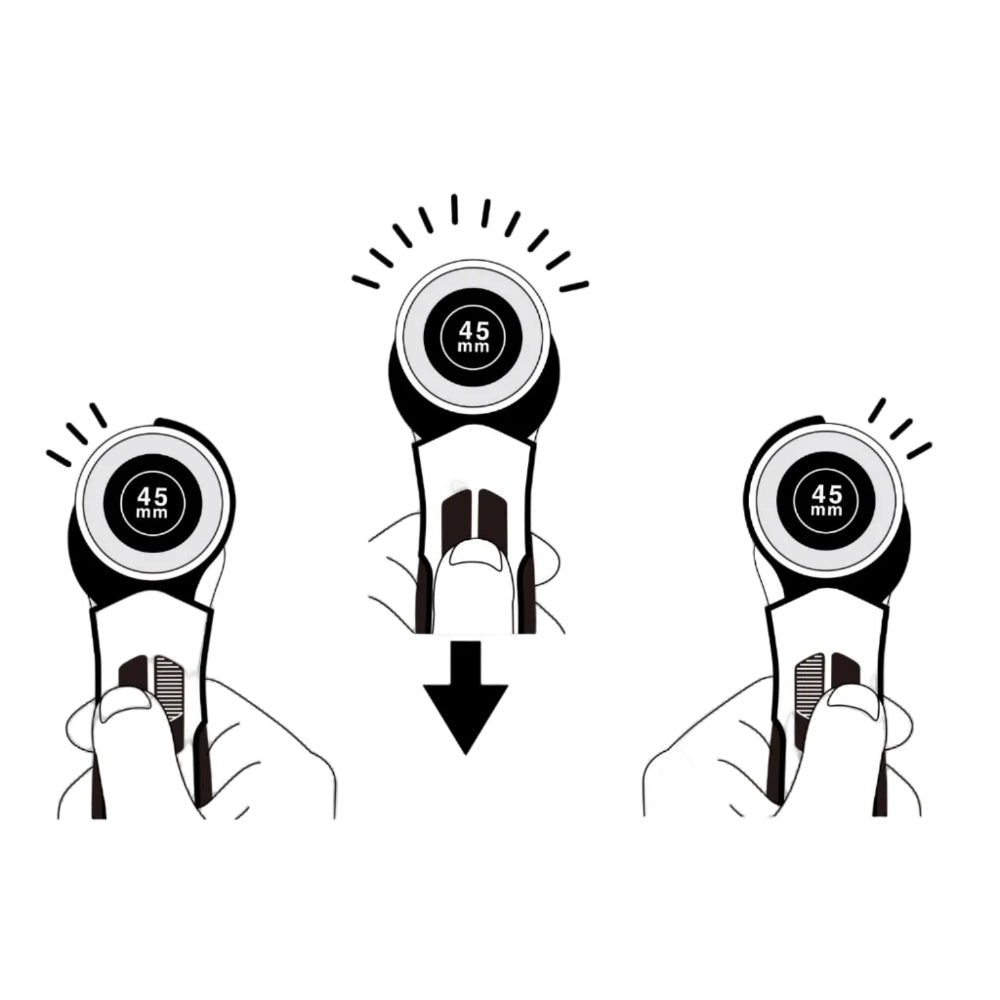 Genuine Olfa 45mm Quick Change Rotary Cutter - Diagram Showing Right and Left-Handed Switching