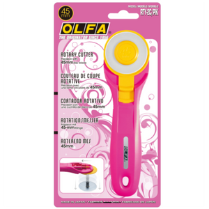 Olfa RTY-2C 45mm Rotary Cutter with built-in blade guard, available in yellow, pink and turquoise
