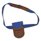 Handmade fabric belt bag project made with the AccuQuilt GO! Belt Die — blue denim belt with brown faux leather buckle end and attached flap pocket, shown as a completed belt bag accessory