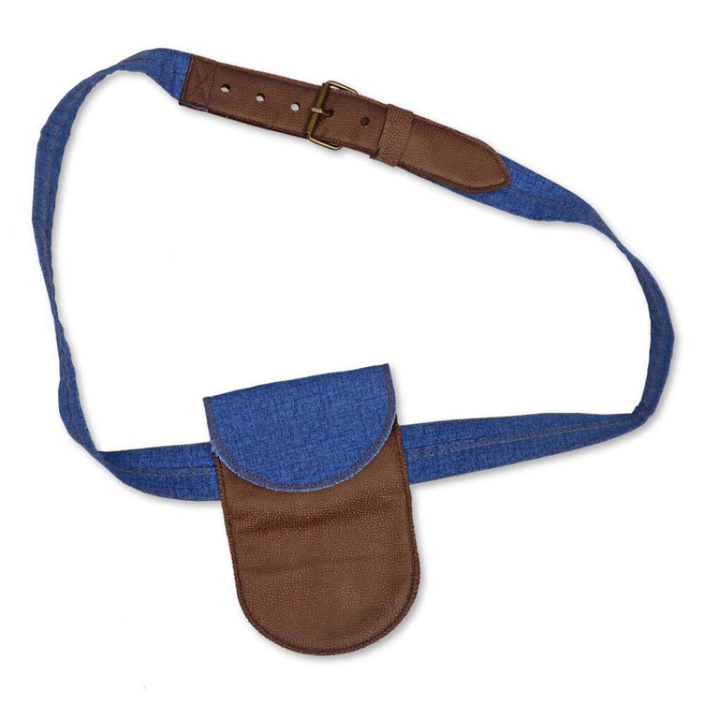 Handmade fabric belt bag project made with the AccuQuilt GO! Belt Die — blue denim belt with brown faux leather buckle end and attached flap pocket, shown as a completed belt bag accessory