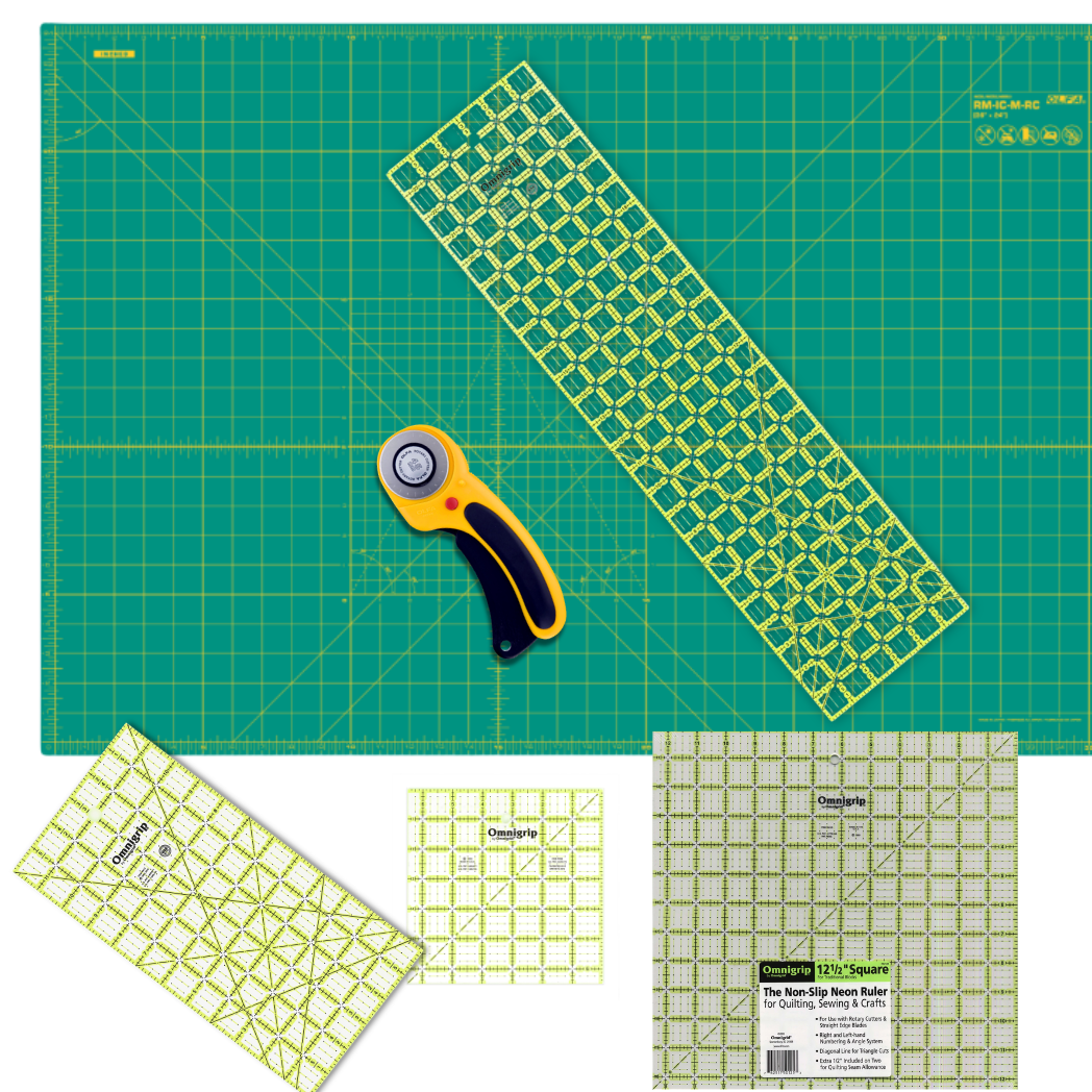 Deluxe Rotary Cutting Starter Kit - Olfa 45mm Curved Cutter Olfa Mat and Omnigrip Rulers