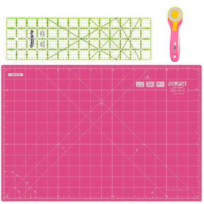 Compact Rotary Cutting Starter Kit Pink - Olfa 45mm Colour Cutter Mat and Omnigrip Ruler