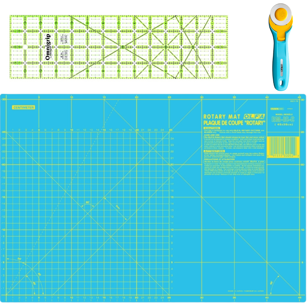 Compact Rotary Cutting Starter Kit Turquoise - Olfa 45mm Colour Cutter Mat and Omnigrip Ruler