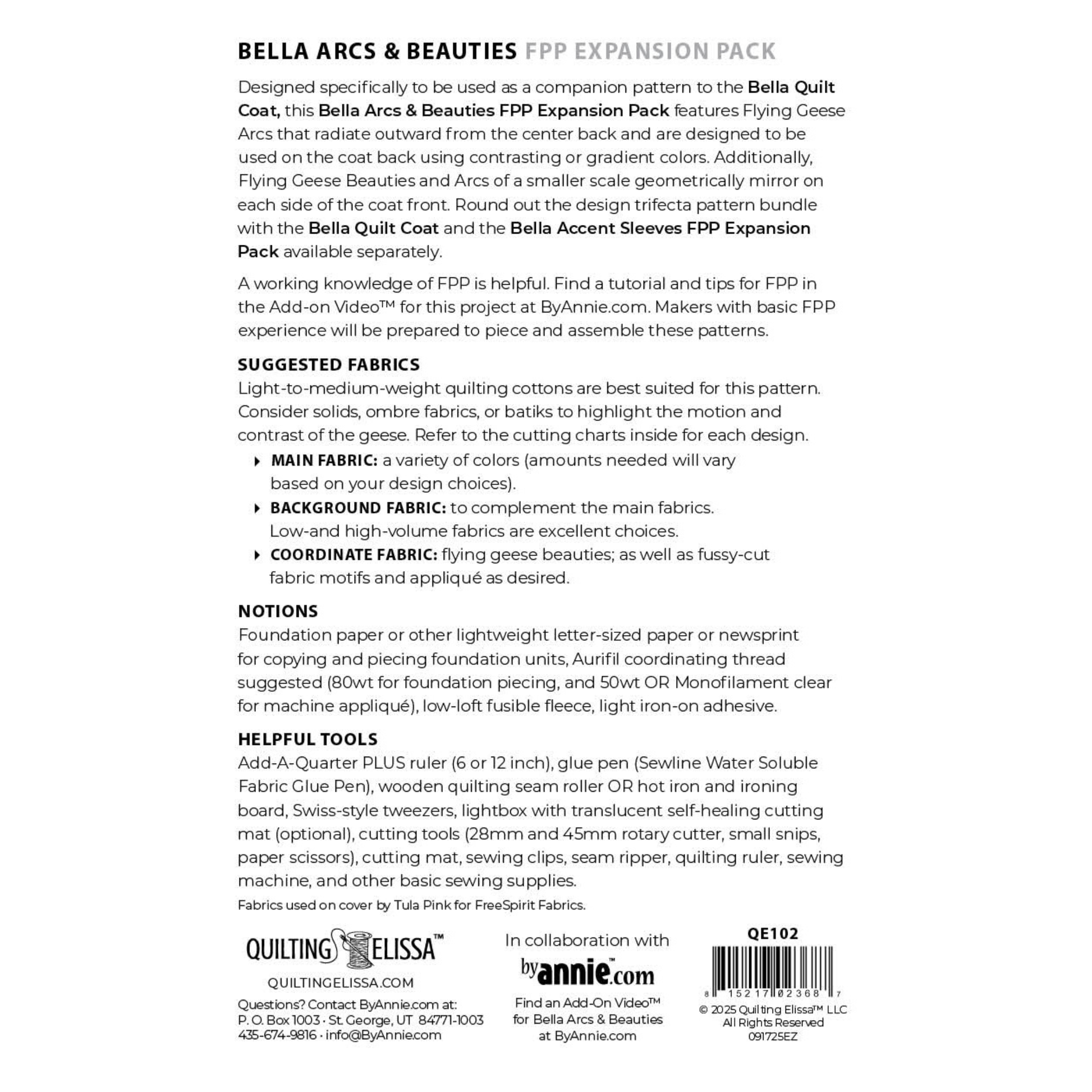 ByAnnie Quilting Elissa Bella Quilt Coat Arcs & Beauties Extension Pack - suggested Fabrics, notions and helpful tools