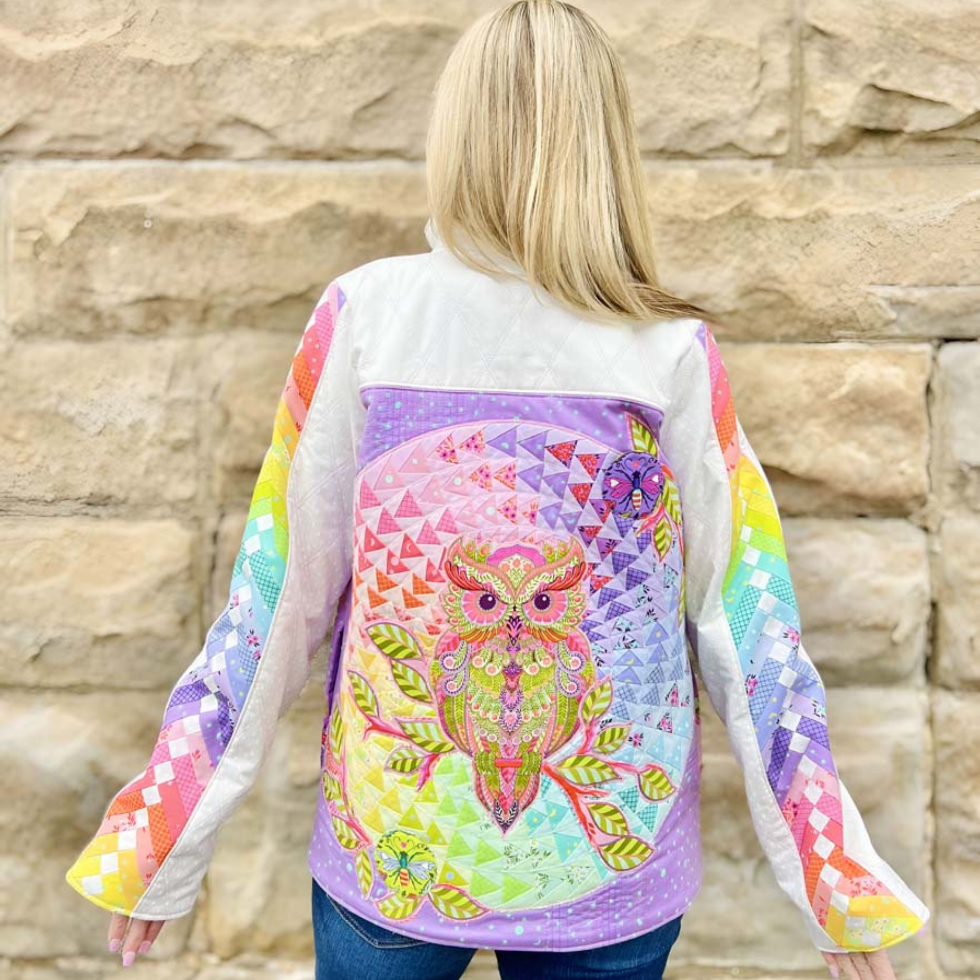 ByAnnie Quilting Elissa Bella Quilt Coat Arcs & Beauties Extension Pack - Back view of Bella Quilt Coat showing Flying Geese Arcs radiating outward from centre back panel