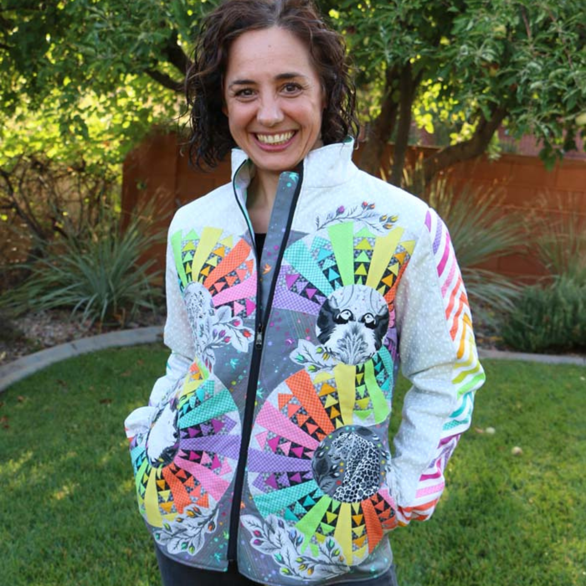 ByAnnie Quilting Elissa Bella Quilt Coat Arcs & Beauties Extension Pack - Front view of Bella Quilt Coat showing Flying Geese mirroring on each side of coat front